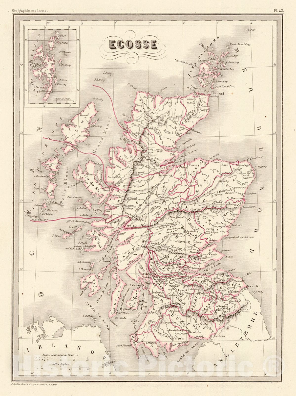 Historic Map : 1848 Ecosse (Scotland) : Vintage Wall Art