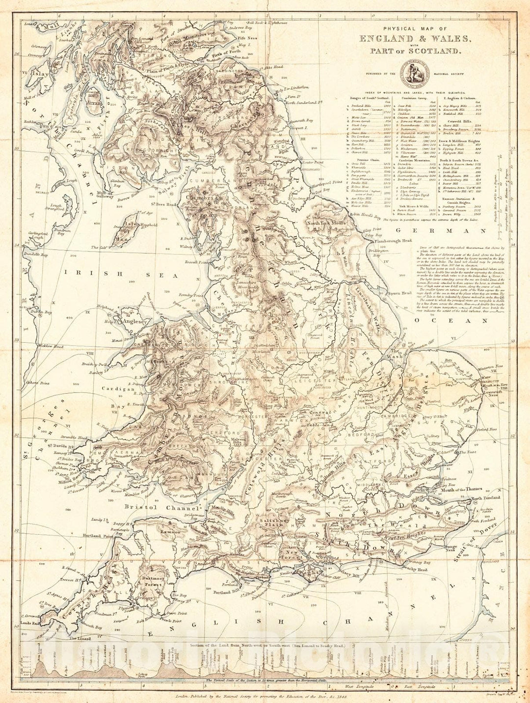 Historic Map : 1848 Physical Map of England & Wales with Part of Scotland : Vintage Wall Art