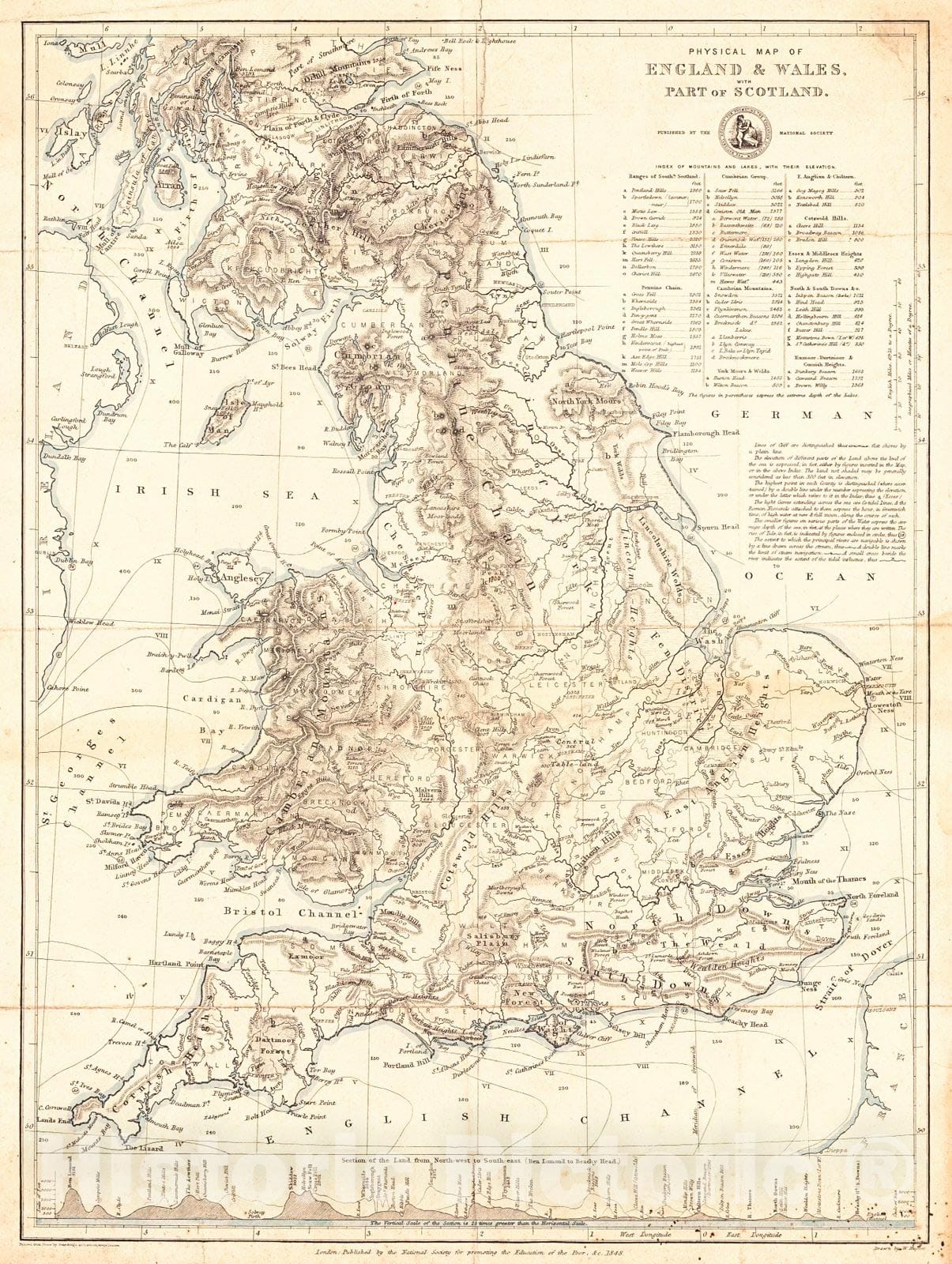 Historic Map : 1848 Physical Map of England & Wales with Part of Scotland : Vintage Wall Art