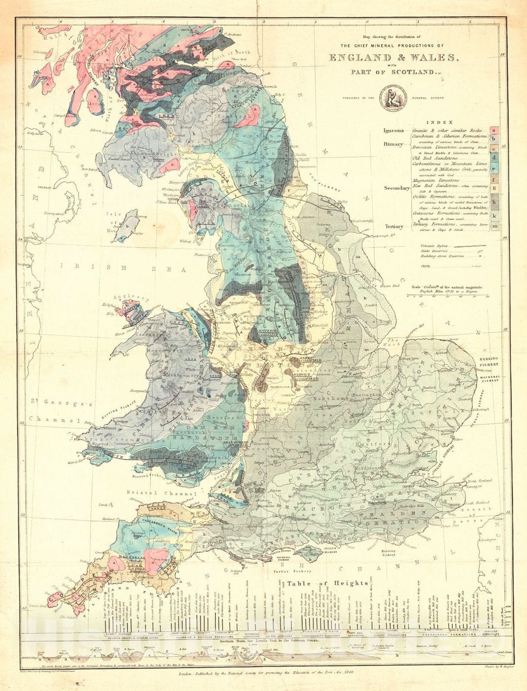 Historic Map : 1848 Map Showing the Distribution of the Chief Mineral Productions of England & Wales with Part of Scottland  : Vintage Wall Art