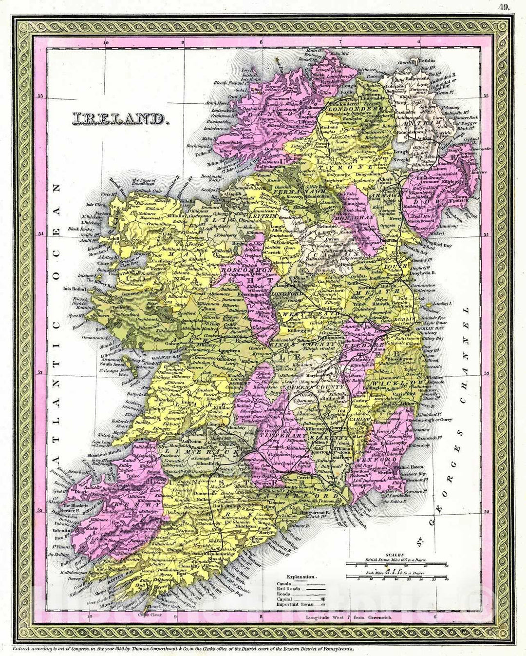 Historic Map : 1850 Ireland : Vintage Wall Art