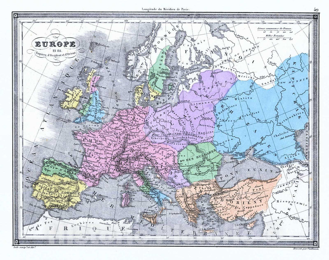 Historic Map : 1850 Europe en 814: Empires d'Occident et d'Orient : Vintage Wall Art