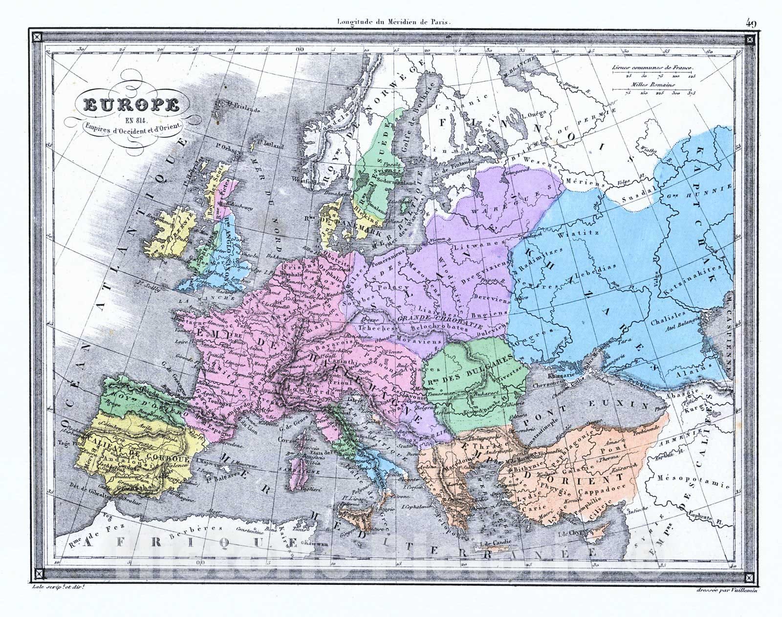 Historic Map : 1850 Europe en 814: Empires d'Occident et d'Orient : Vintage Wall Art