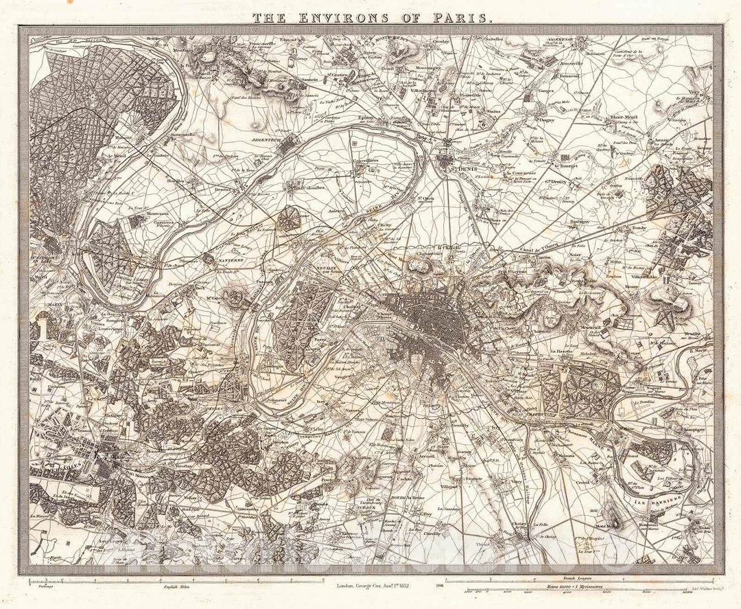 Historic Map : 1852 The Environs of Paris : Vintage Wall Art