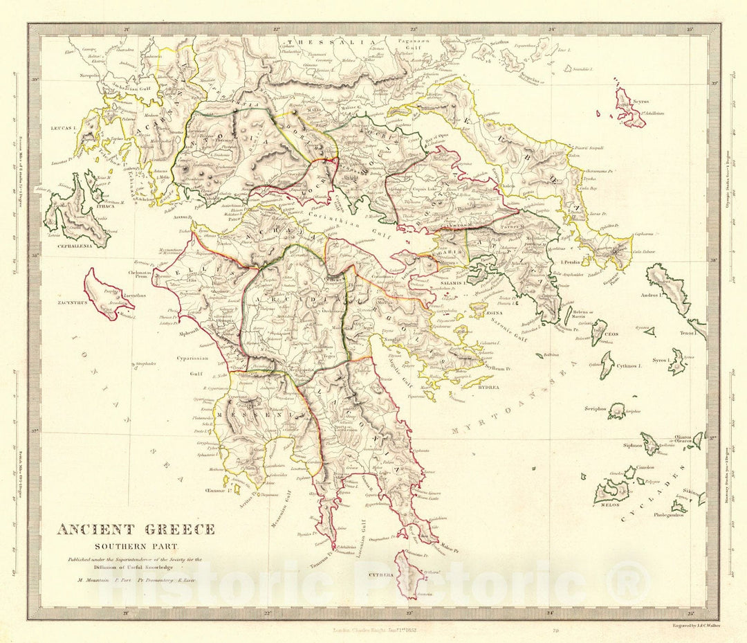 Historic Map : 1852 Ancient Greece Southern Part : Vintage Wall Art