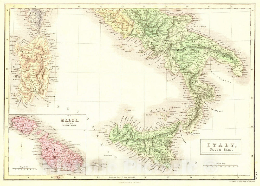 Historic Map : 1854 Italy - Southern Part : Vintage Wall Art