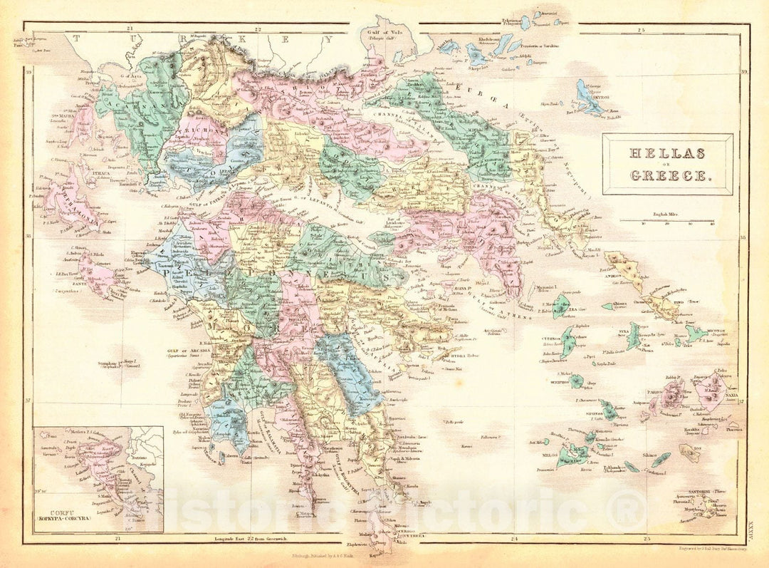 Historic Map : 1854 Hellas or Greece : Vintage Wall Art