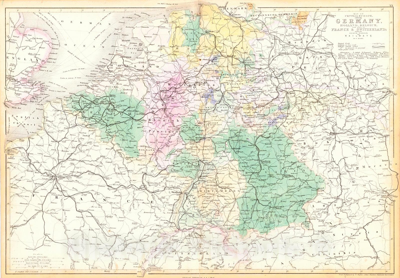 Historic Map : 1854 Map of Central Europe embrassing Germany, Holland, Belgium, with parts of France and Switzerland : Vintage Wall Art