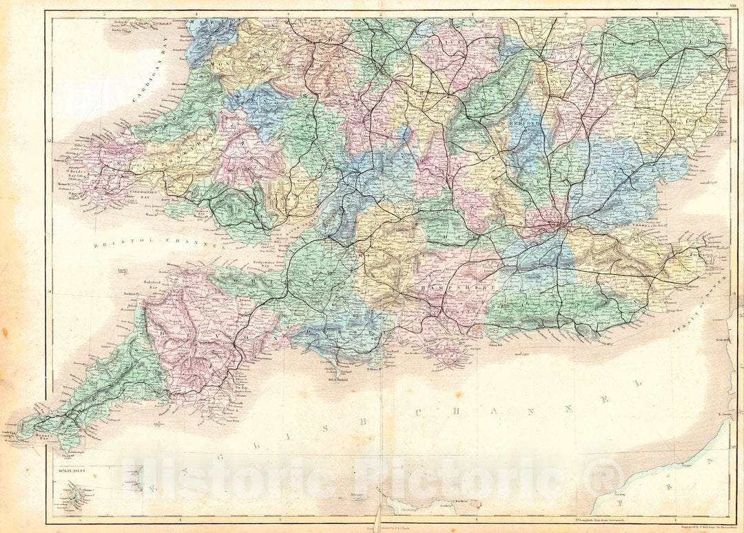 Historic Map : 1854 England and Wales (Southern Part) : Vintage Wall Art