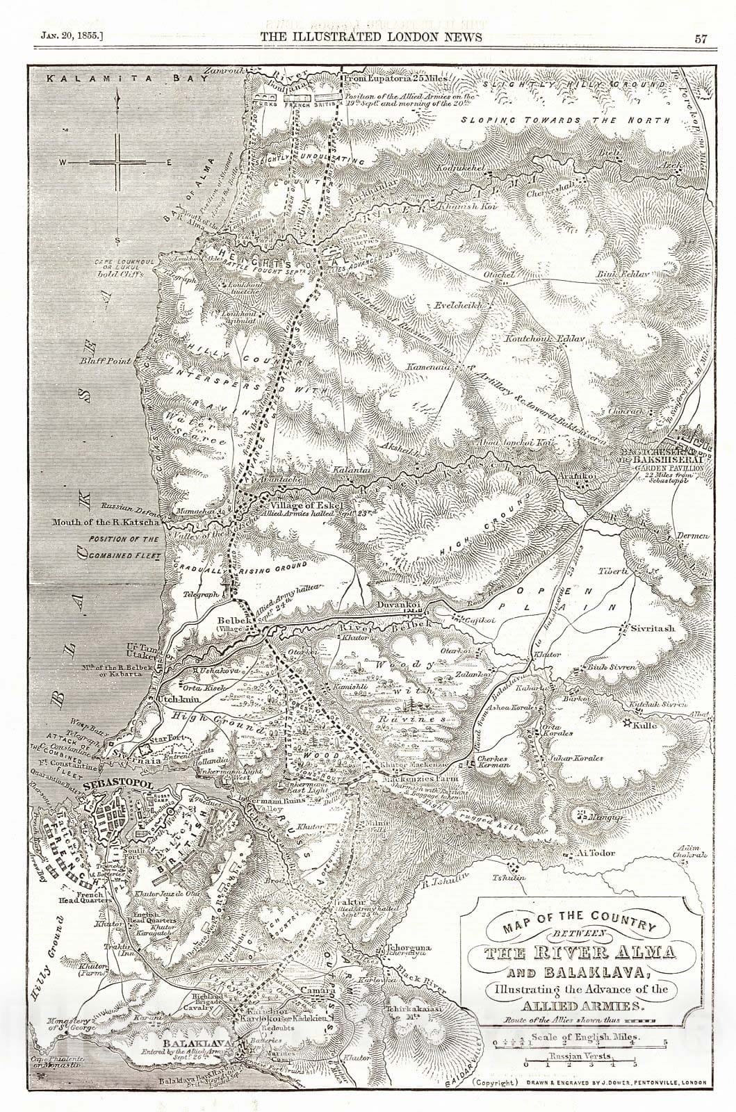 Historic Map : 1855 Map of the Country between the River Alma and Balaklava, Illustrating the Advance of the Allied Armies : Vintage Wall Art