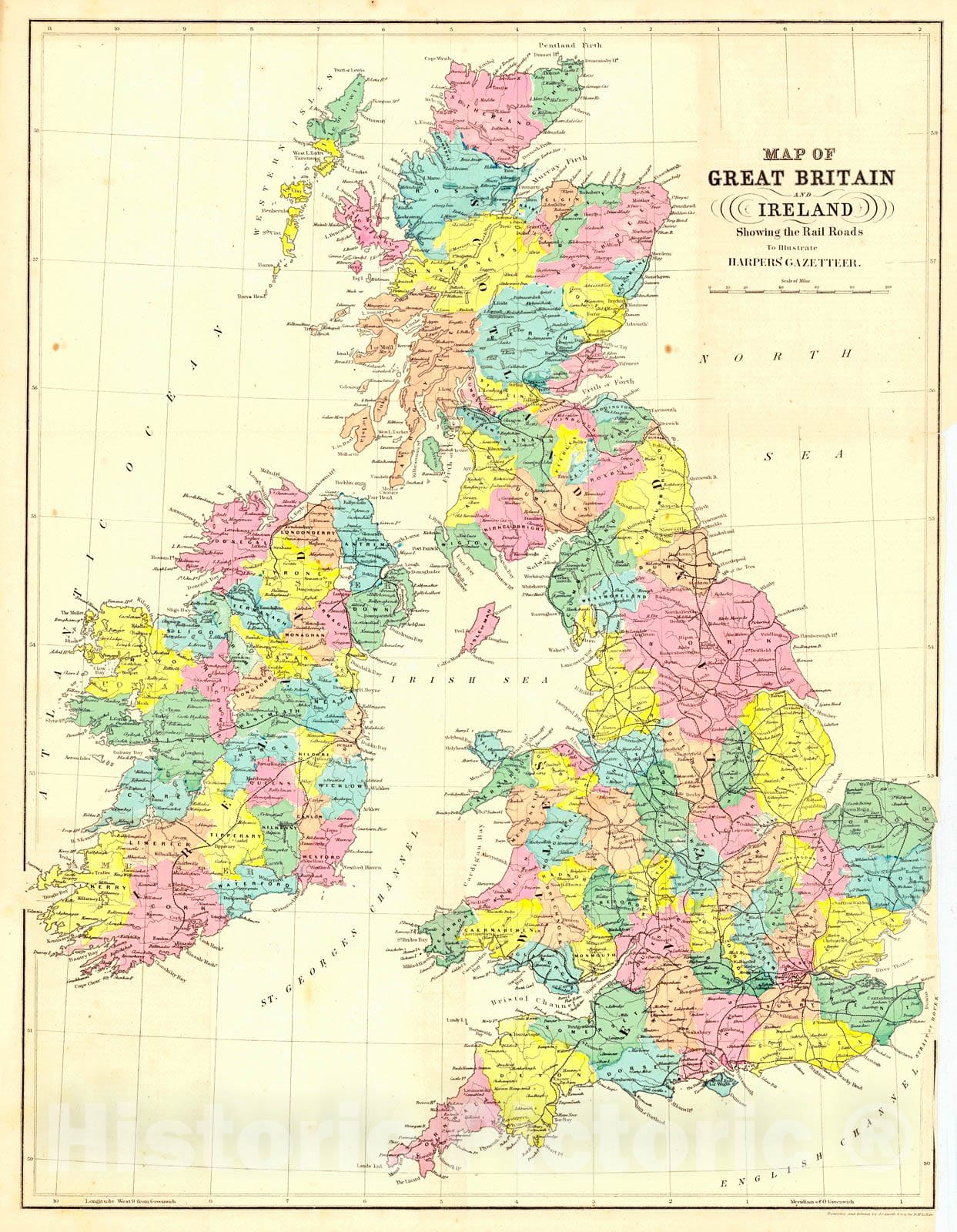 Historic Map : 1855 Map of Great Britain and Ireland Showing the Rail Roads : Vintage Wall Art