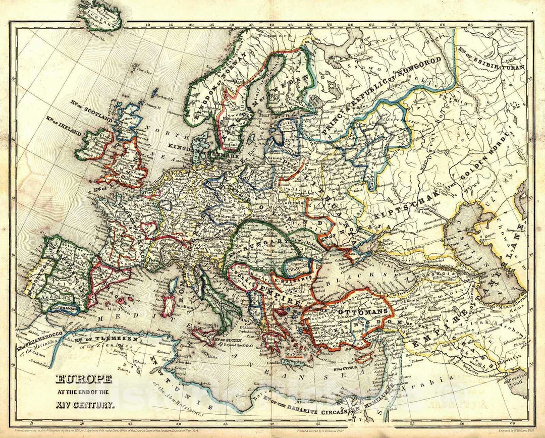 Historic Map : 1855 Europe at the end of the XIV Century : Vintage Wall Art