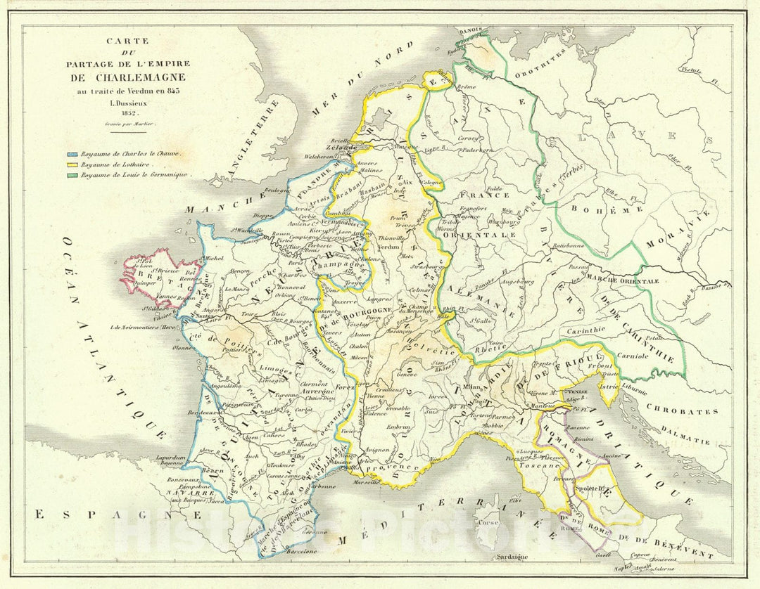 Historic Map : 1856 Carte du Partage de L'Empire De Charlemagne au traite de Verdun en 845 : Vintage Wall Art