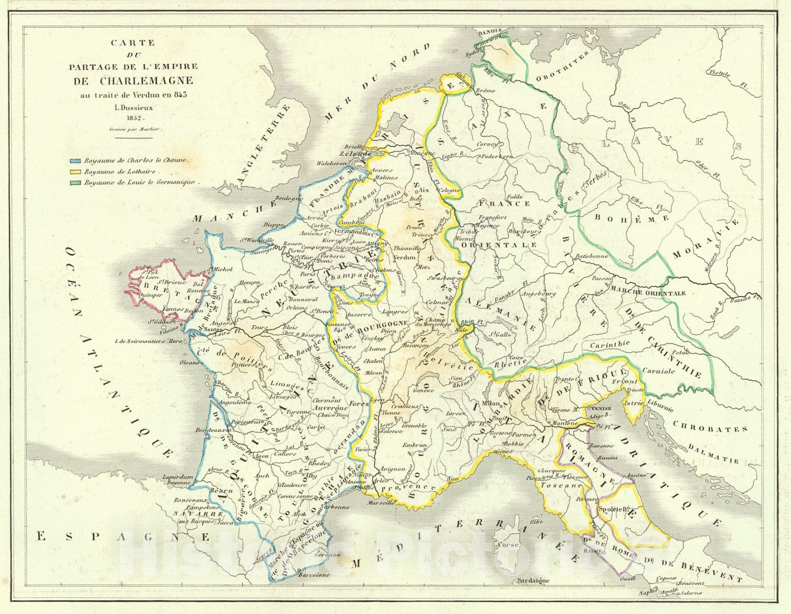 Historic Map : 1856 Carte du Partage de L'Empire De Charlemagne au traite de Verdun en 845 : Vintage Wall Art