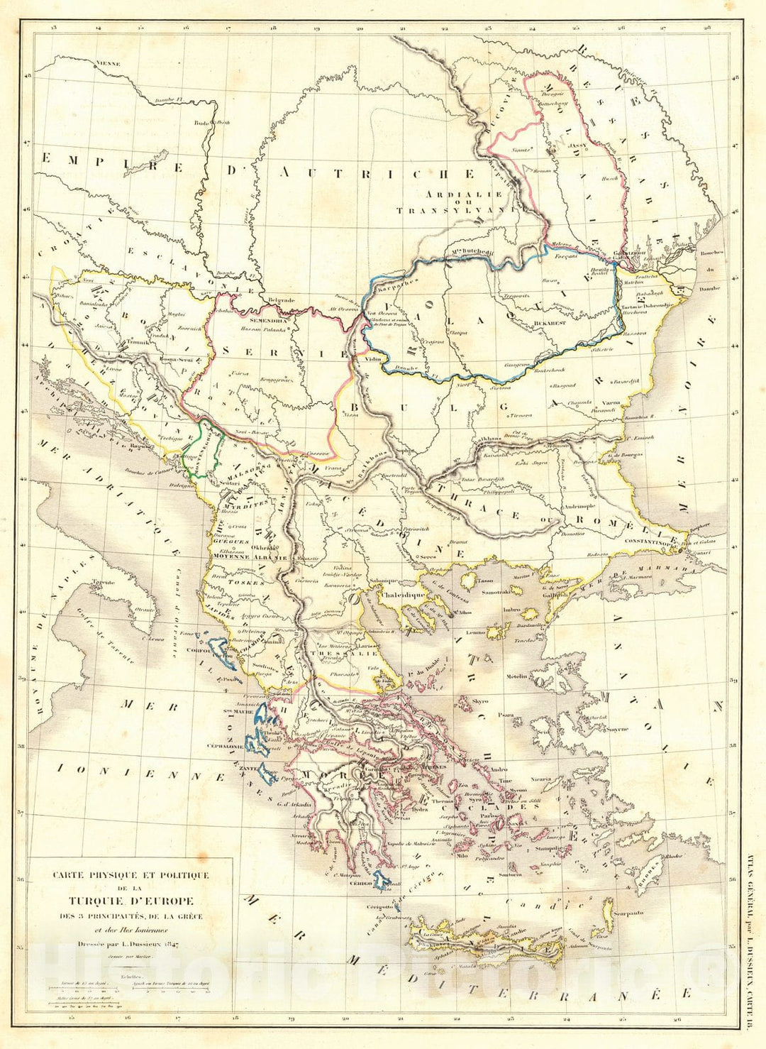 Historic Map : 1856 Carte Physique et Politique de la Turquie d'Europe : Vintage Wall Art