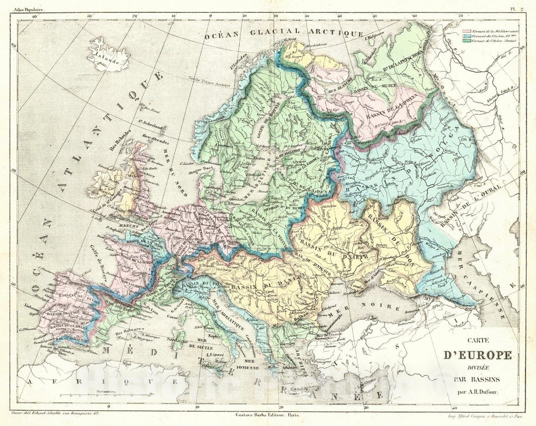 Historic Map : 1856 Carte D'Europe Divisee par Bassins : Vintage Wall Art