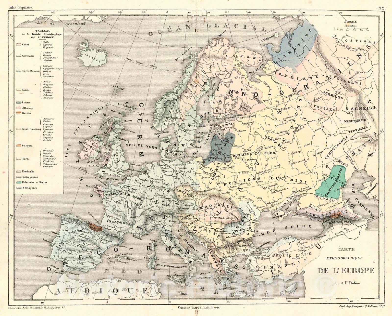 Historic Map : 1856 Carte Ethnographique de L'Europe : Vintage Wall Art