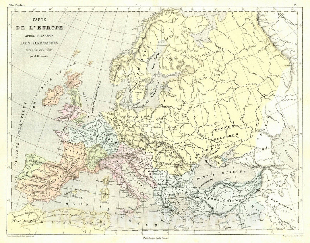 Historic Map : 1856 Carte de L'Europe apres l'invasion des Barbares : Vintage Wall Art