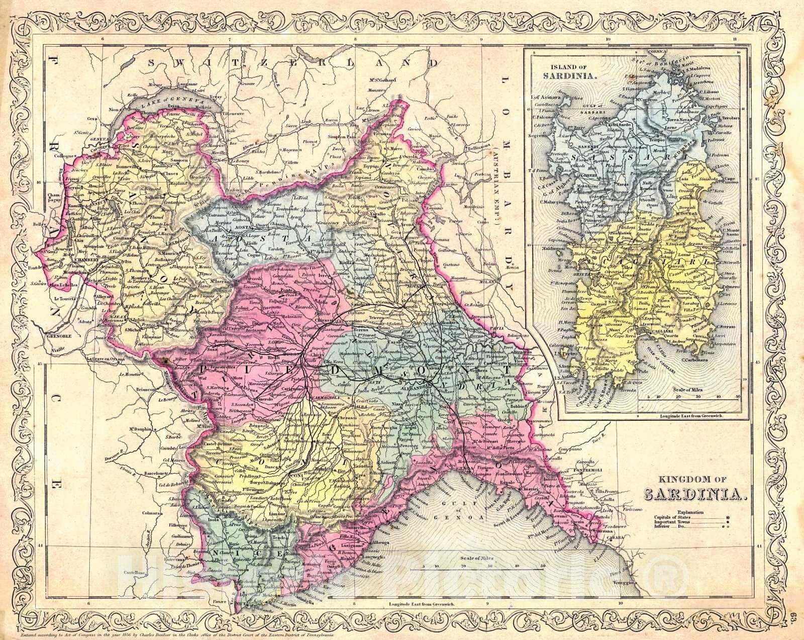 Historic Map : 1856 Kingdom of Sardinia : Vintage Wall Art