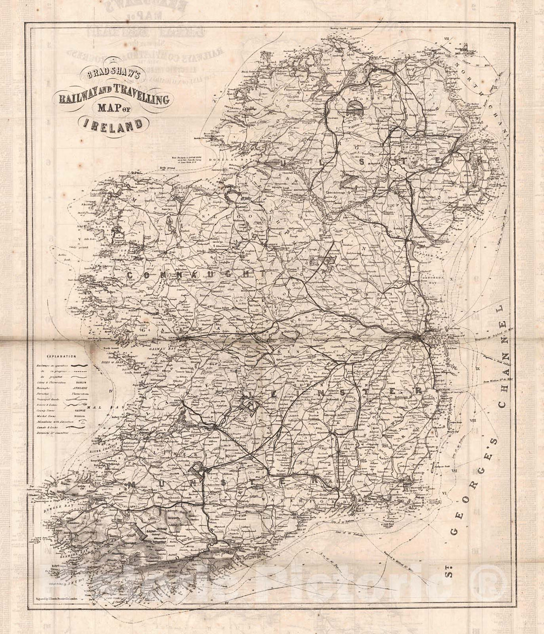 Historic Map : 1857 Bradshaw's Railway and Travelling Map of Ireland : Vintage Wall Art