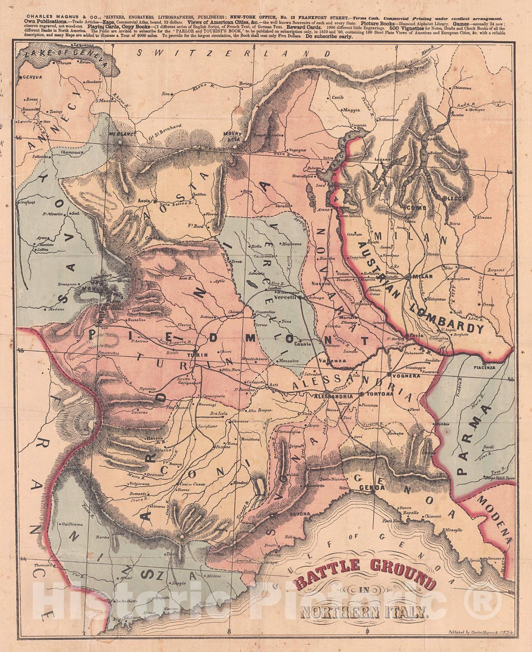 Historic Map : 1859 Map of the Austrian, French, and Italian War Territory - Battle Ground in Northern Italy : Vintage Wall Art