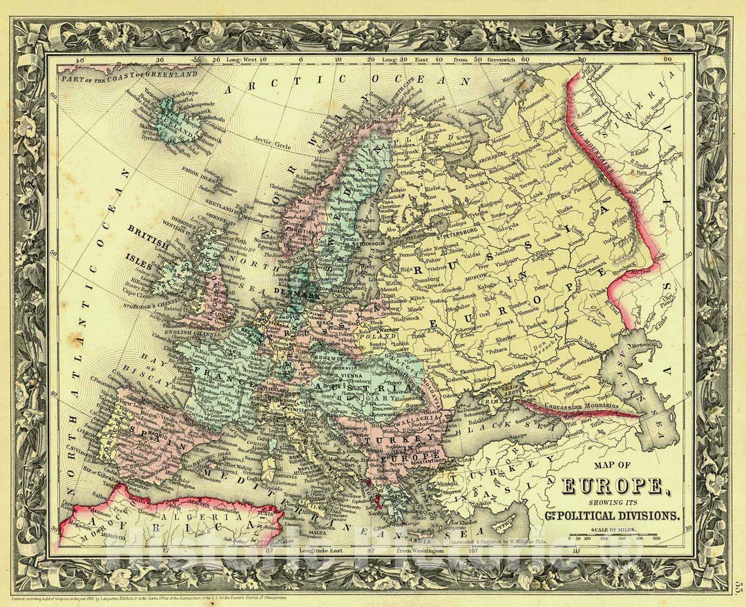 Historic Map : 1861 Map of Europe showing greater political divisions : Vintage Wall Art