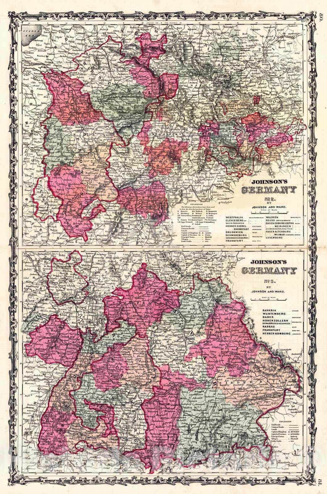 Historic Map : 1863 Johnson's Germany No. 2 and Germany No. 3 : Vintage Wall Art