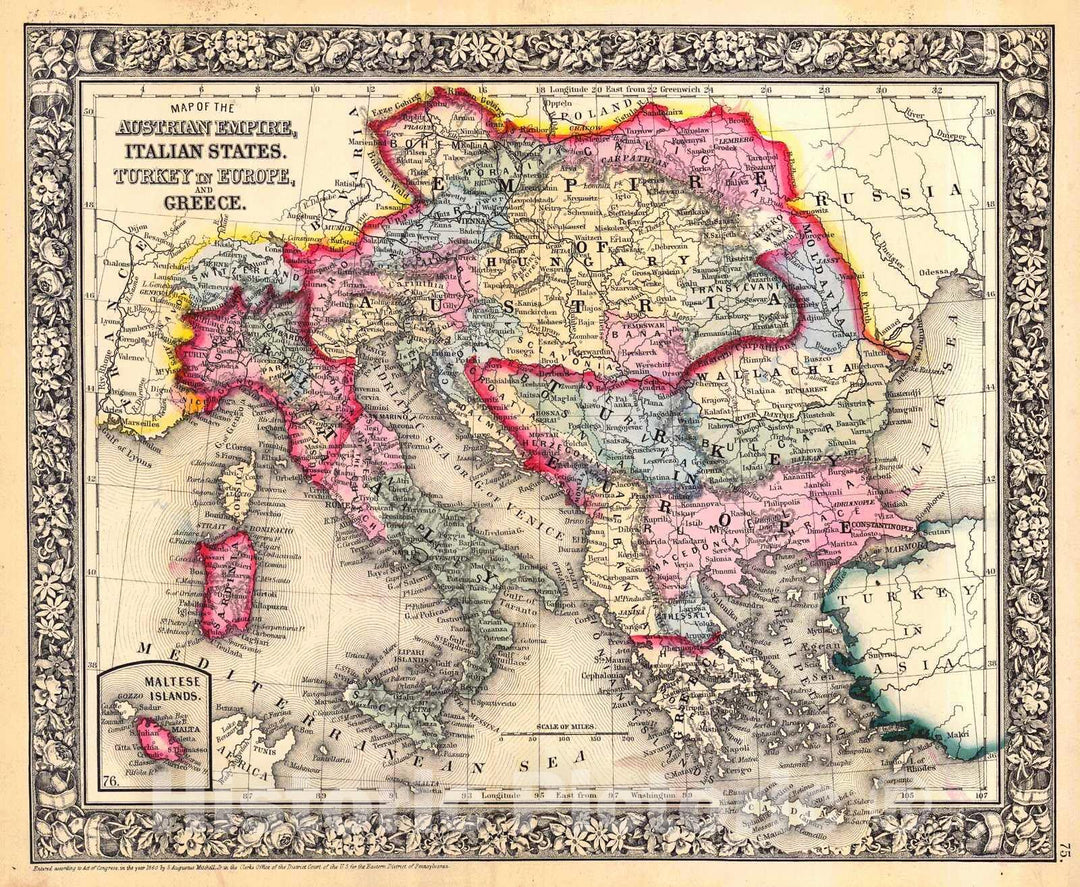 Historic Map : 1864 Map of the Austrian Empire, Italian States, Turkey in Europe and Greece : Vintage Wall Art