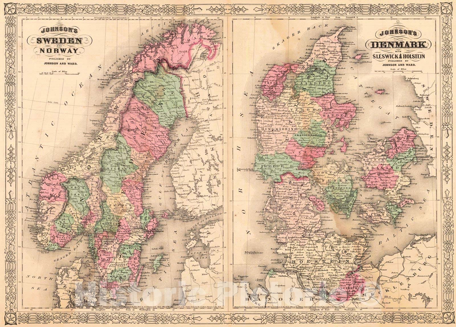 Historic Map : 1864 Johnson's Sweden and Norway - Johnson's Denmark with Sleswick & Holstein : Vintage Wall Art