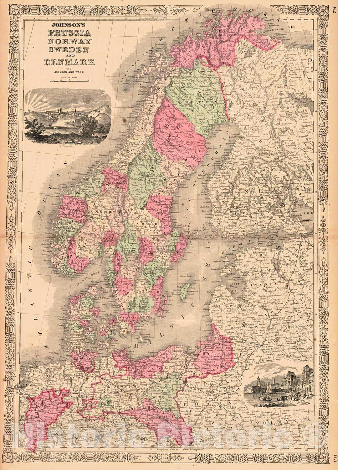 Historic Map : 1864 Johnson's Prussia, Norway, Sweden, and Denmark : Vintage Wall Art