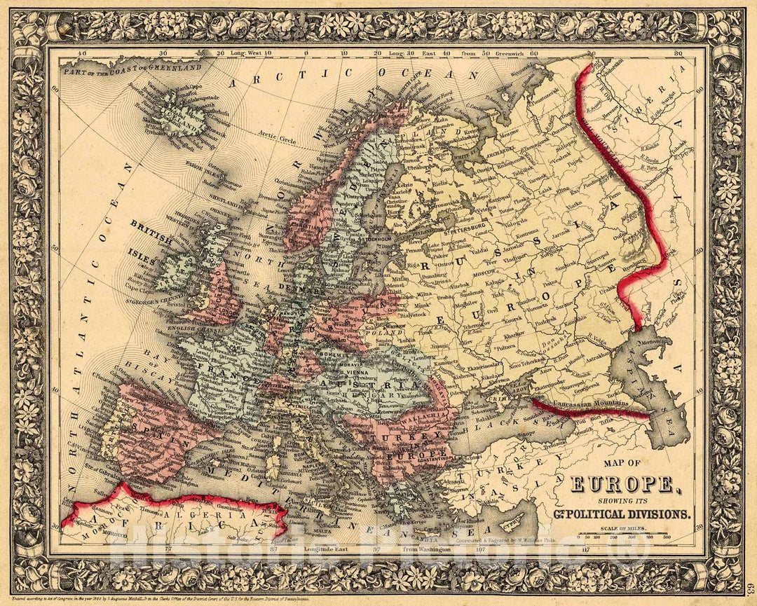 Historic Map : 1865 Map of Europe Showing Geopolitical Divisions  : Vintage Wall Art