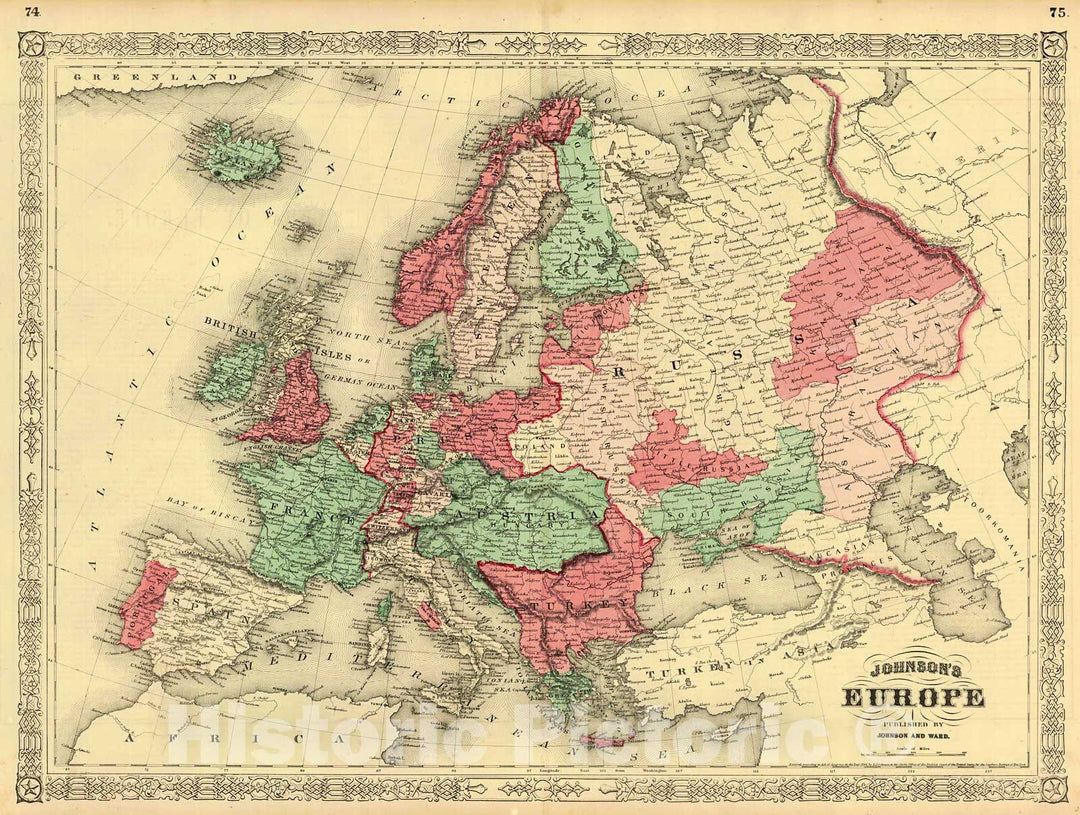 Historic Map : 1866 Johnson's Europe : Vintage Wall Art