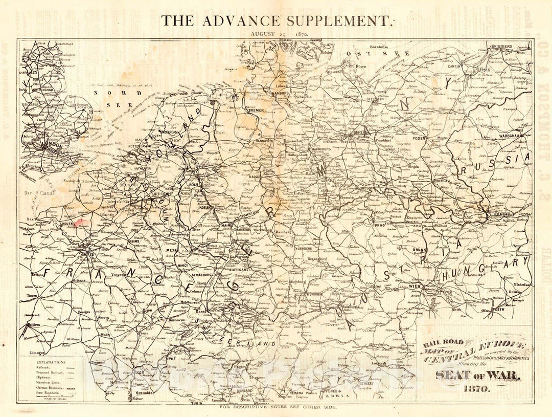 Historic Map : 1870 Rail Road Map of Central Europe as adopted by the Prussian Military Authorities Showing the Seat of War, 1870 : Vintage Wall Art