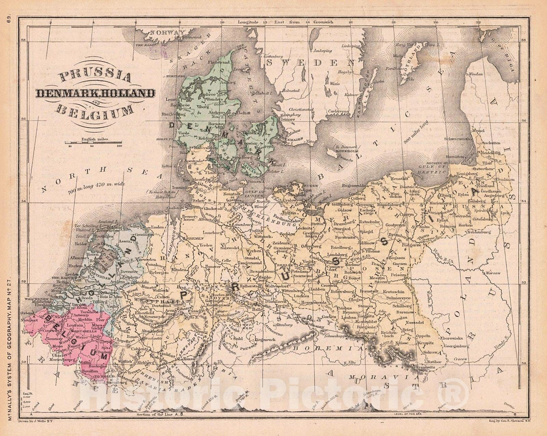 Historic Map : 1870 Prussia, Denmark, Holland, and Belgium  : Vintage Wall Art