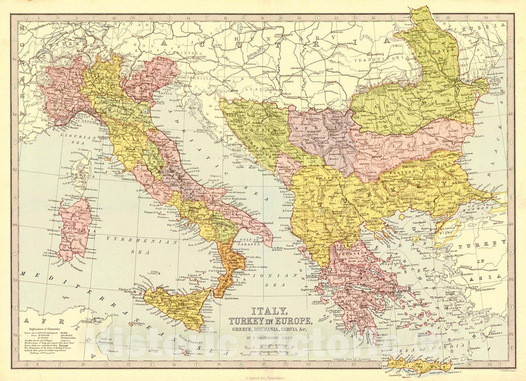 Historic Map : 1870 Italy, Turkey in Europe, Greece, Roumania, Servia : Vintage Wall Art