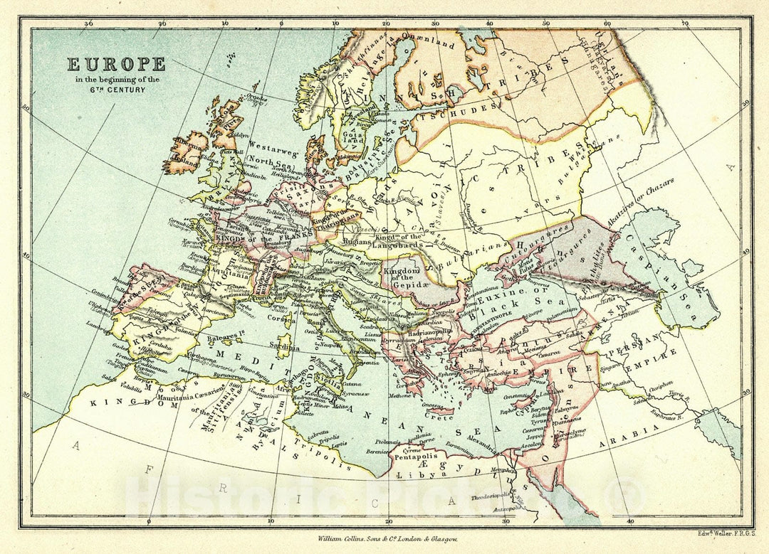 Historic Map : 1872 Europe in the beginning of the 6th century : Vintage Wall Art