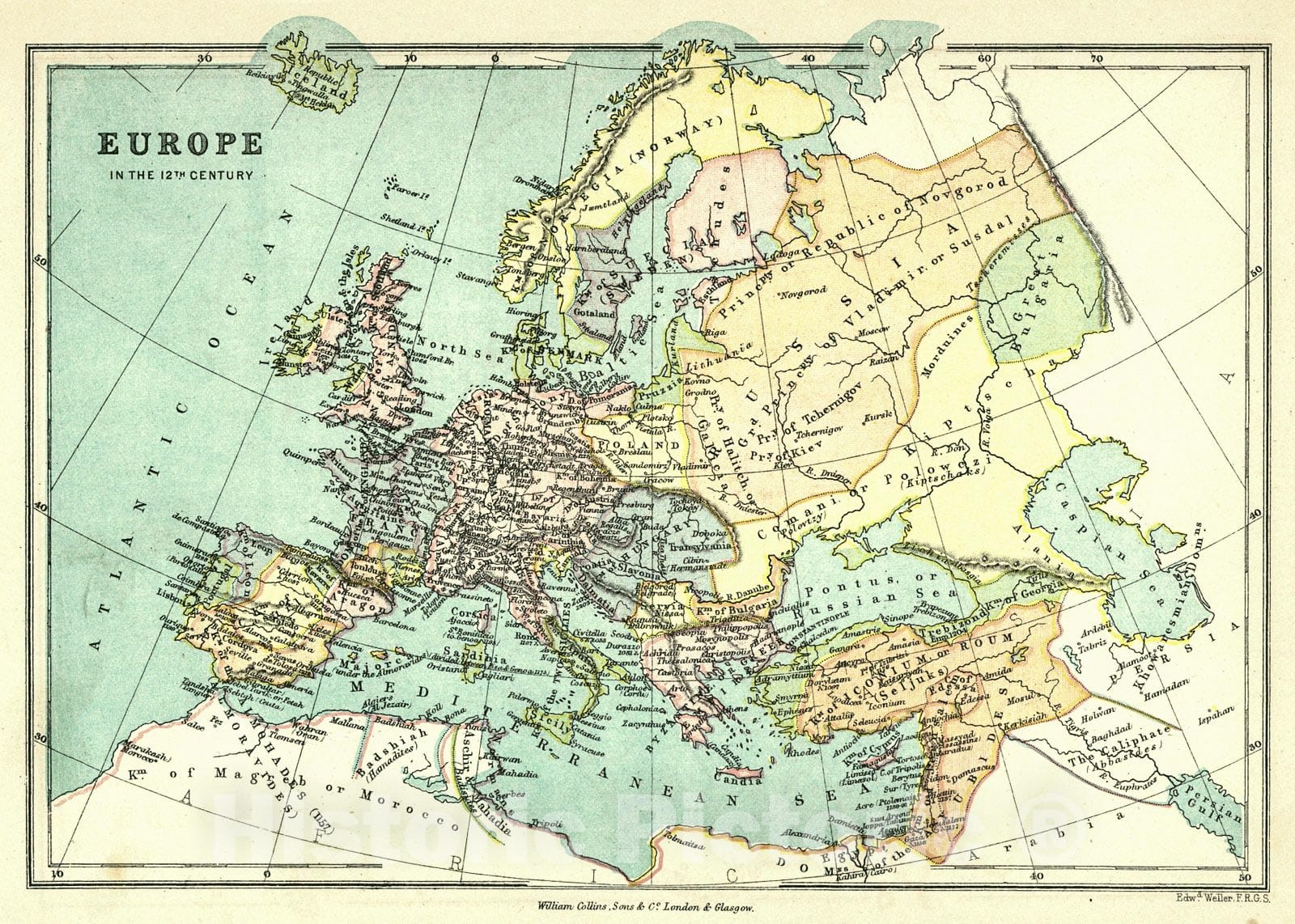 Historic Map : 1872 Europe in the 12th Century : Vintage Wall Art