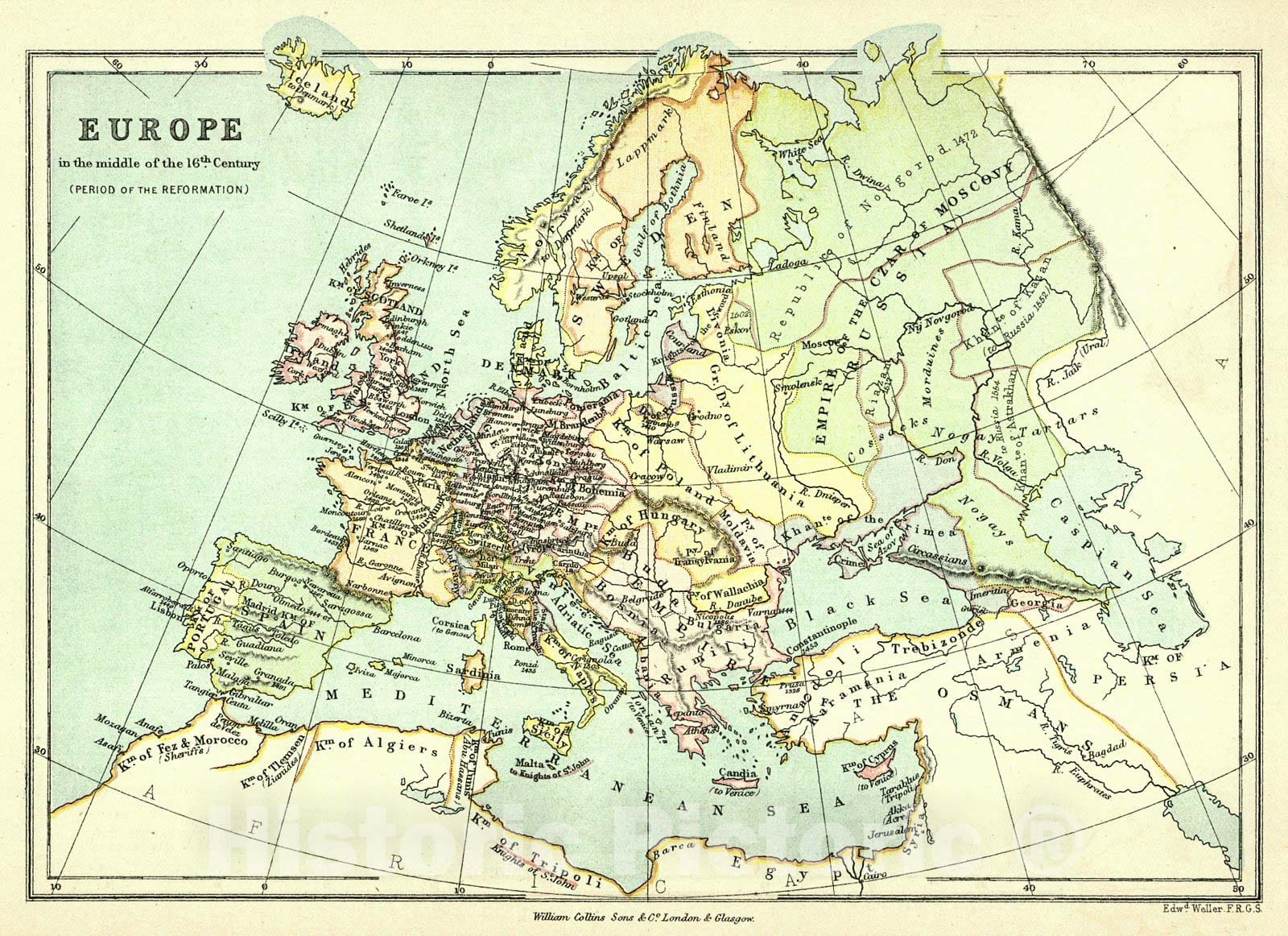 Historic Map : 1872 Europe in the middle of the 16th Century- Period of the Reformation : Vintage Wall Art