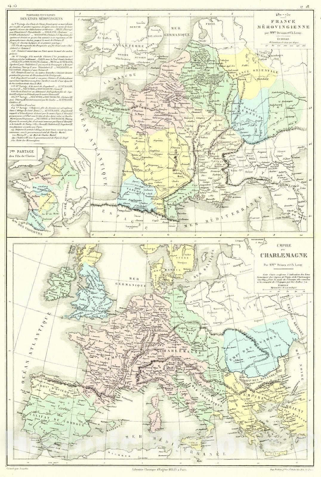 Historic Map : 1873 France Merouingienne, Empire de Charlemagne  : Vintage Wall Art