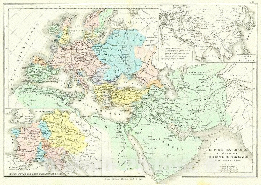 Historic Map : 1873 Empire des Arabs et demembrement De L'Empire de Charlemagne : Vintage Wall Art