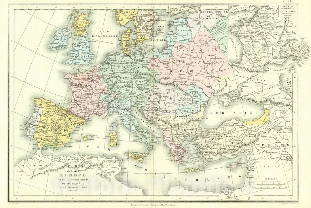 Historic Map : 1873 Europe Pendant la derniere Periode de Moyen-Age : Vintage Wall Art