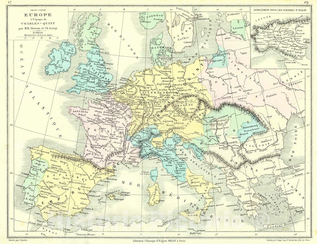 Historic Map : 1873 Europe a l'epoque de Charles-Quint : Vintage Wall Art