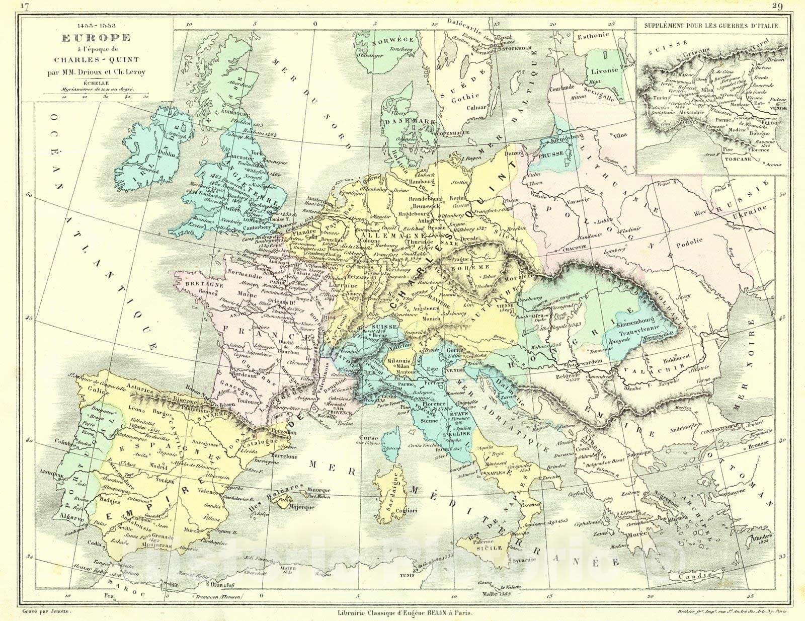 Historic Map : 1873 Europe a l'epoque de Charles-Quint : Vintage Wall Art