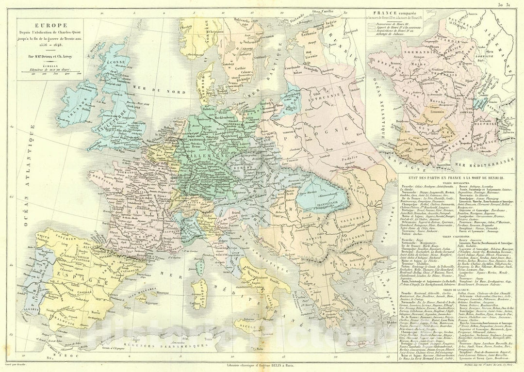 Historic Map : 1873 Europe Depuis l'abdication de Charles-Quint jusqu a la fin de la guerre de Trente-ans. 1556-1648 : Vintage Wall Art