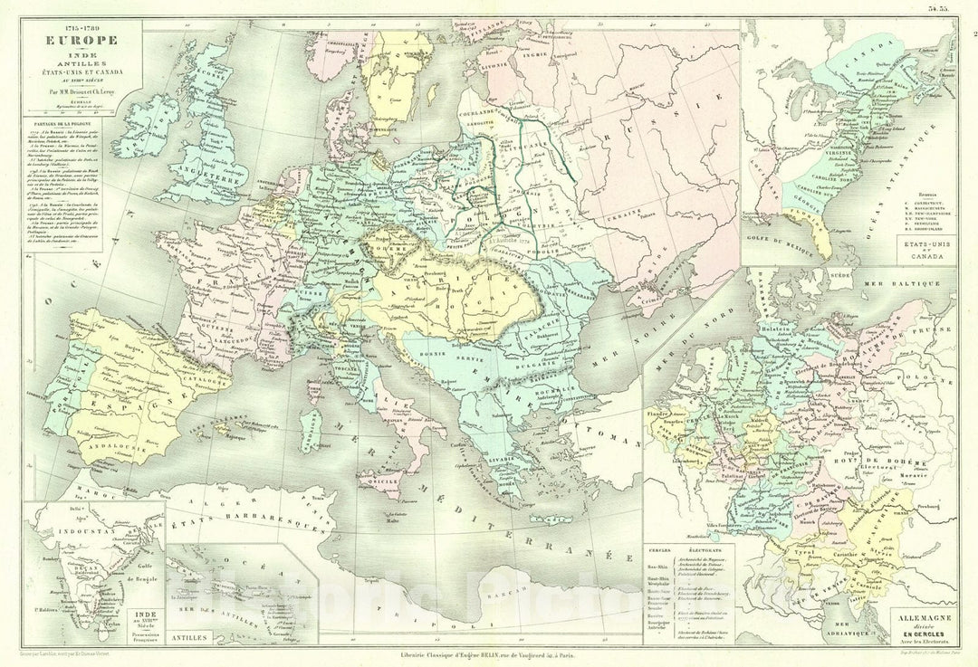 Historic Map : 1873 Europe Inde Antilles Etats-Unis et Canada : Vintage Wall Art