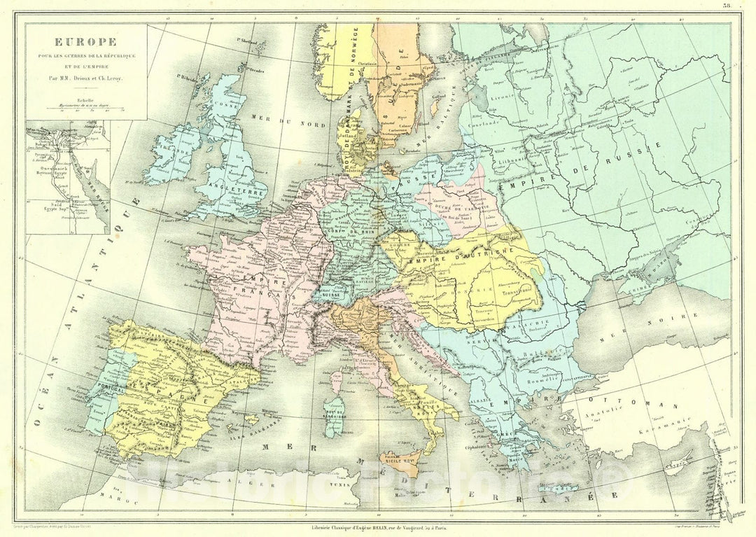 Historic Map : 1873 Europe pour les Guerres de la Republique et de L'Empire : Vintage Wall Art