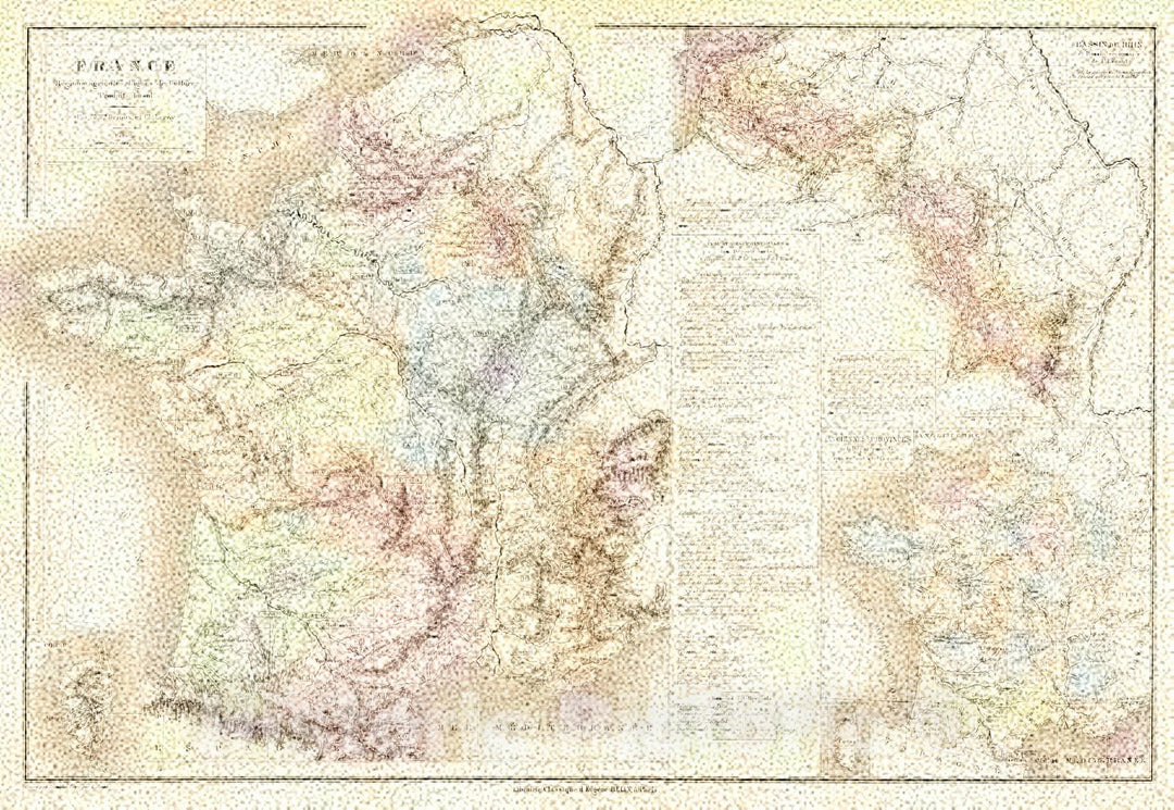 Historic Map : 1873 France Regions Agricoles, Lignes de Culture, Produits du sol : Vintage Wall Art