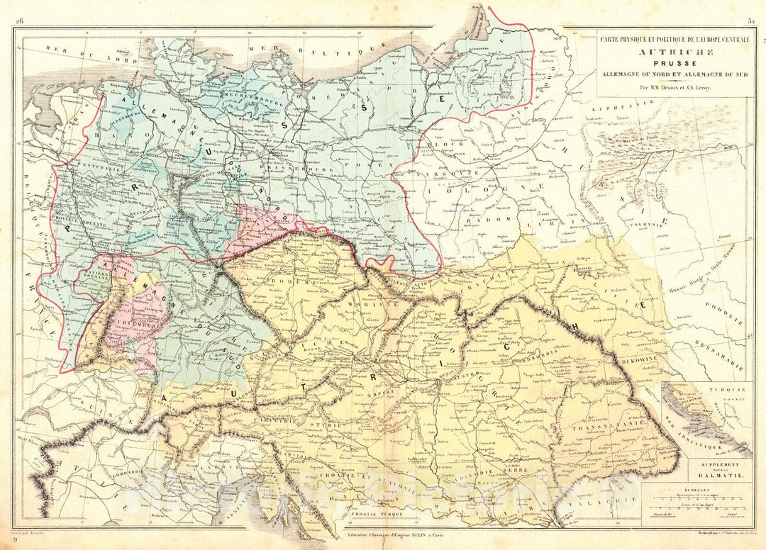 Historic Map : 1873 Carte Physique et Politique de L'Europe Centrale - Autriche, Prusse, Allemagne de Nord et Allemagne du Sud : Vintage Wall Art