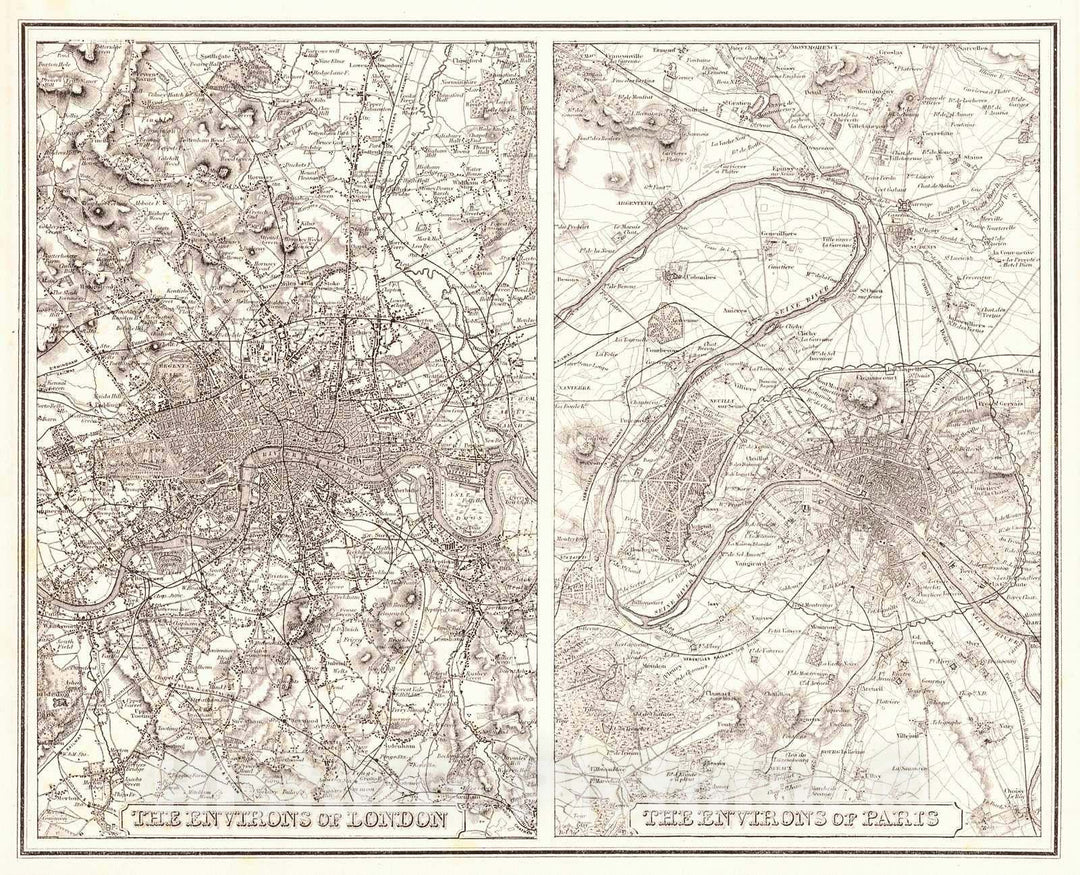 Historic Map : 1873 The Environs of London - The Environs of Paris : Vintage Wall Art