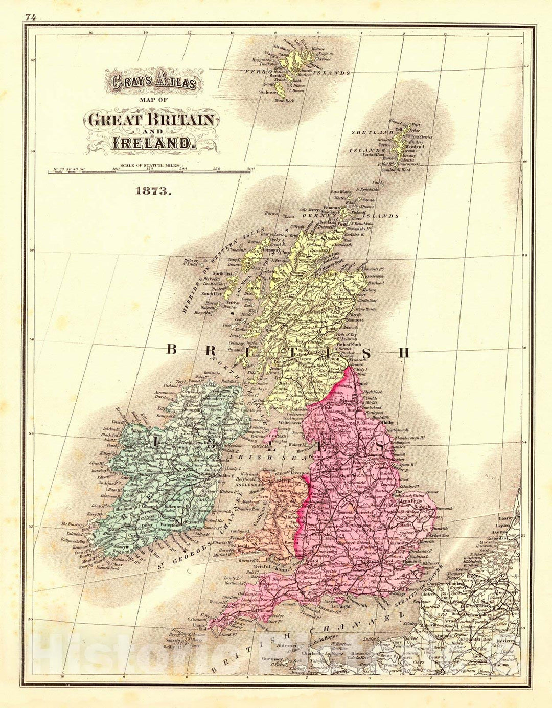 Historic Map : 1873 Gray's Atlas Map of Great Britain and Ireland : Vintage Wall Art